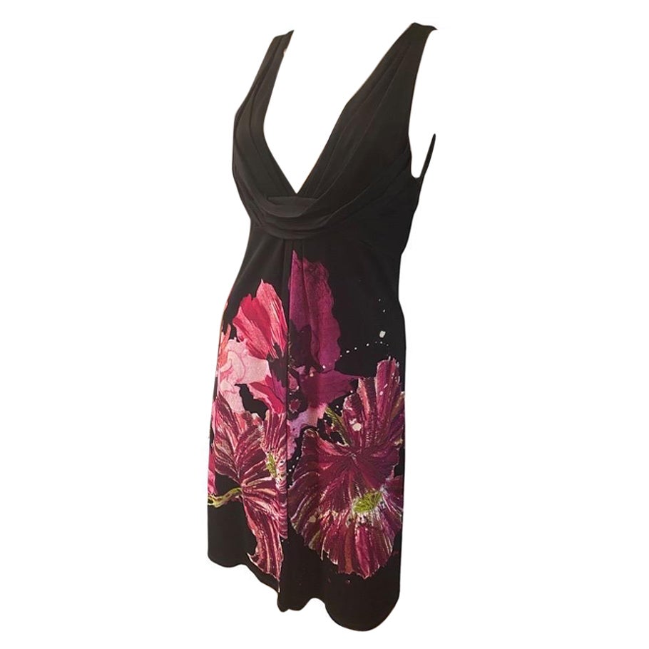 Women's Roberto Cavalli Floral Jersey Deep V Neck Sleeveless Dress, Italy. NWT Size 8 For Sale