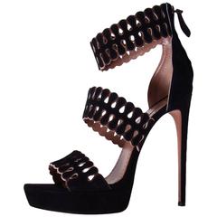Alaia NEW and SOLD OUT Black Gold Accent Suede Laser Cut Out Sandals Heels