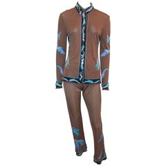 Emilio Pucci Brown, Black & Blue Silk Jersey Shirt & Pant Set - 46 - circa 1970s