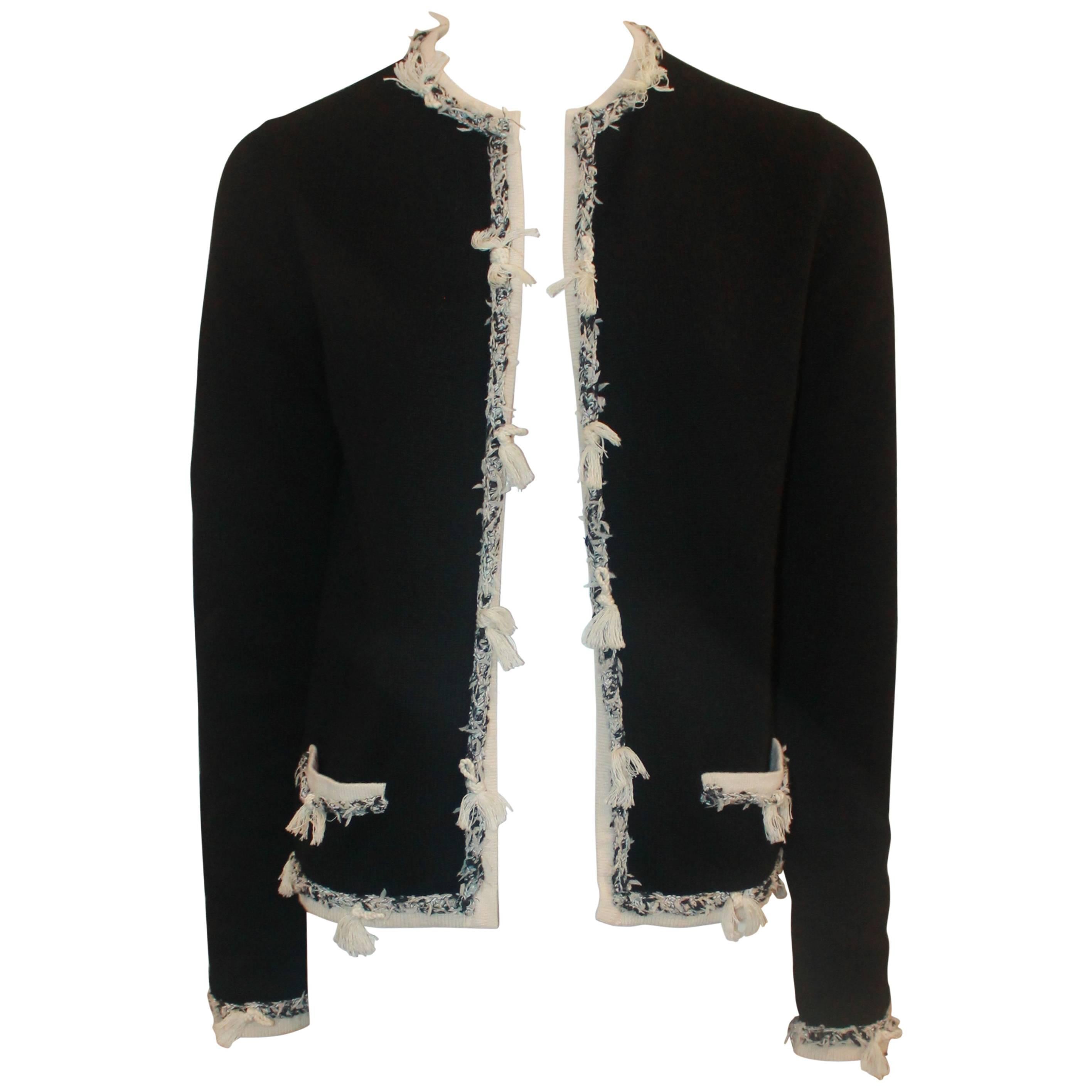 Chanel Black Cashmere Cardigan with Ivory Tweed Trim - 38
