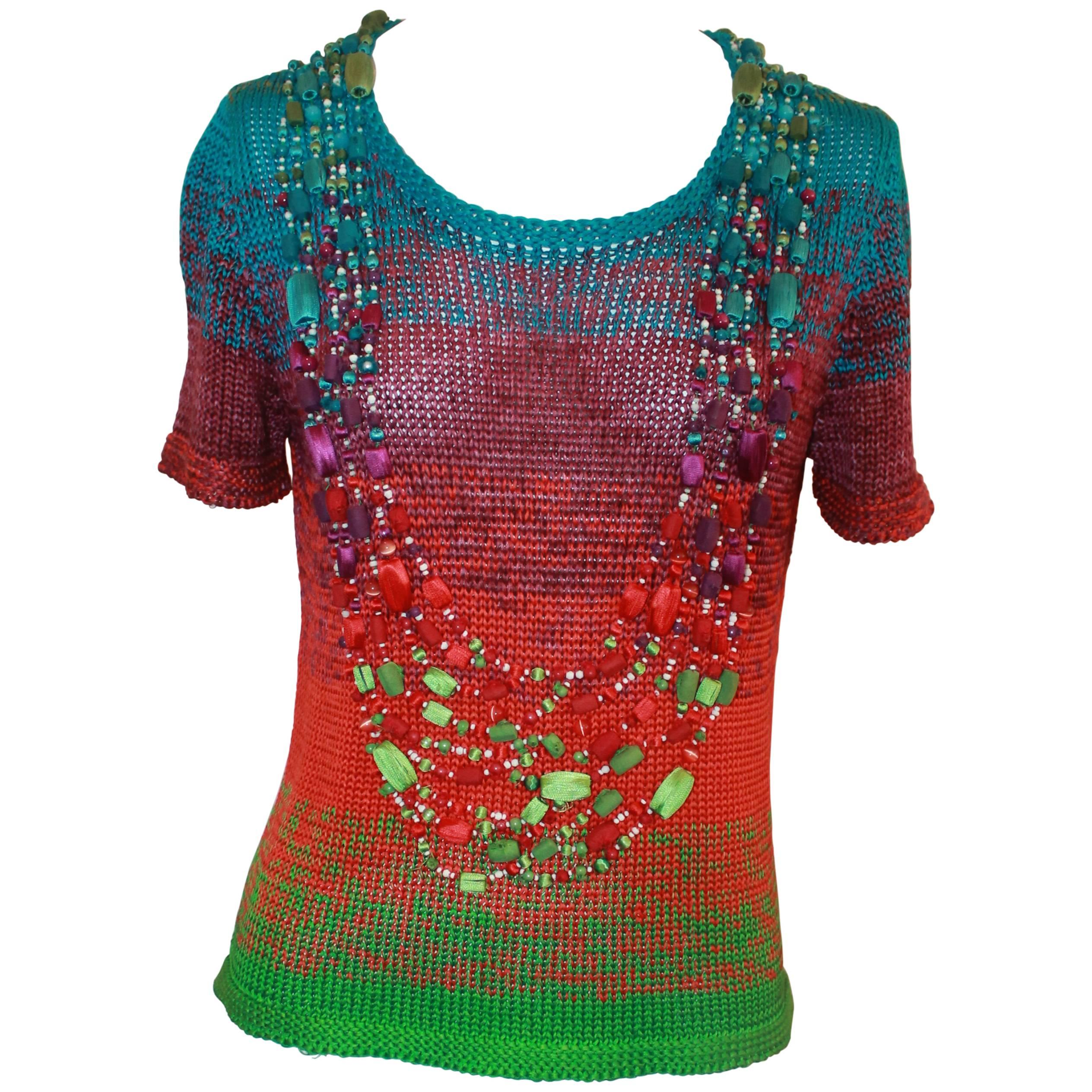 Oscar de la Renta Runway Resort 2009 Multi-color Silk Knit Beaded Top - S For Sale