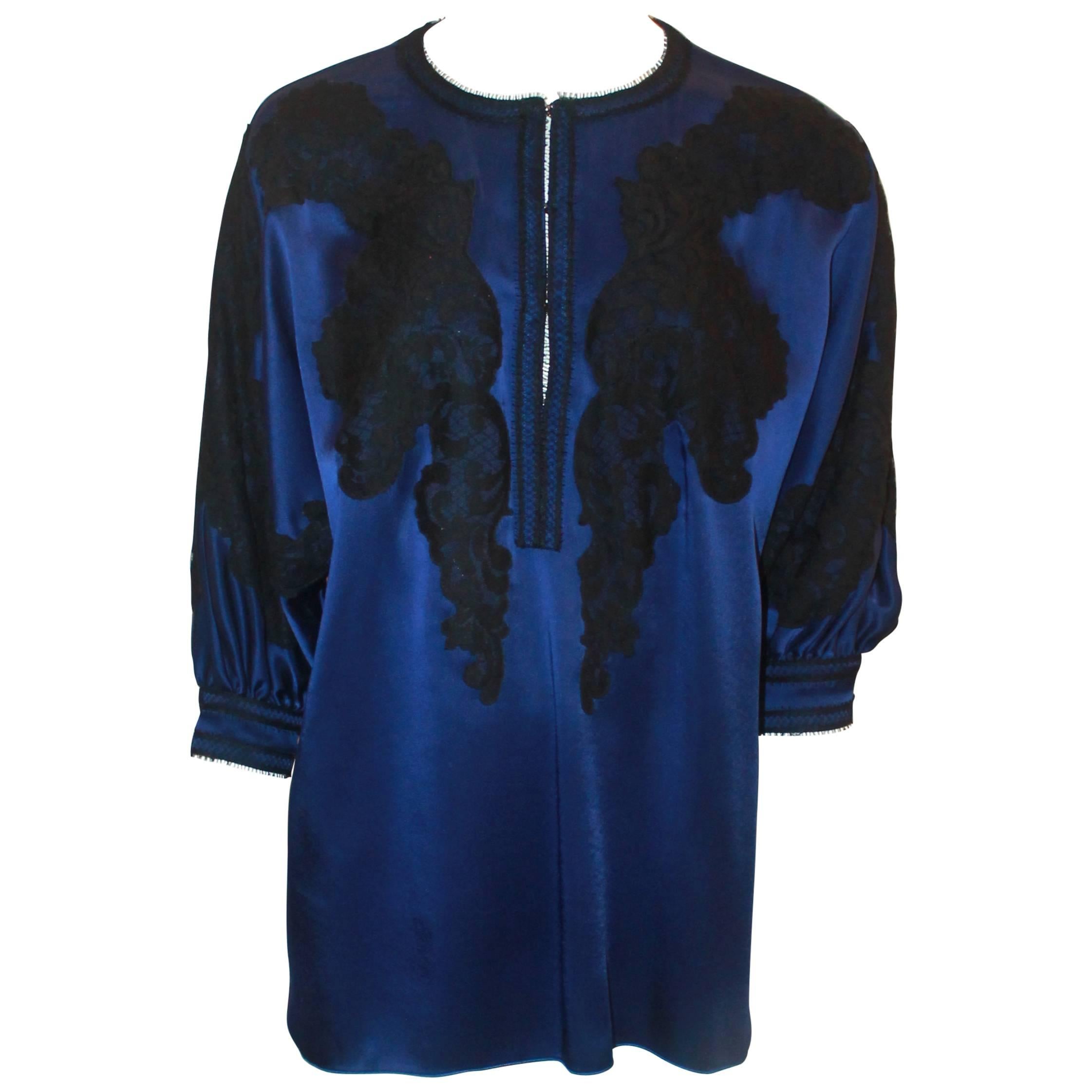 Andrew GN Blue & Black Silk Tunic Top with Lace Detail - 40
