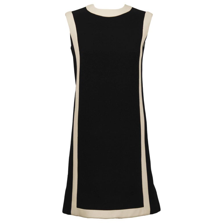 1960's Anonymous Black Wool Shift Dress w/ Cream Detail For Sale at 1stDibs