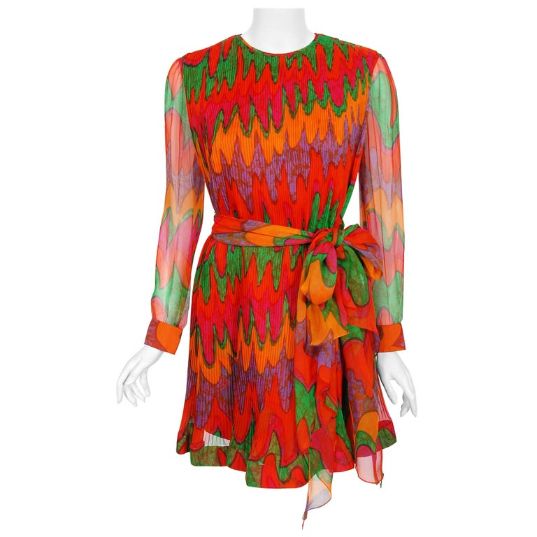 Vintage 1968 Pierre Cardin Colorful Psychedelic Pleated Chiffon Mod Mini Dress