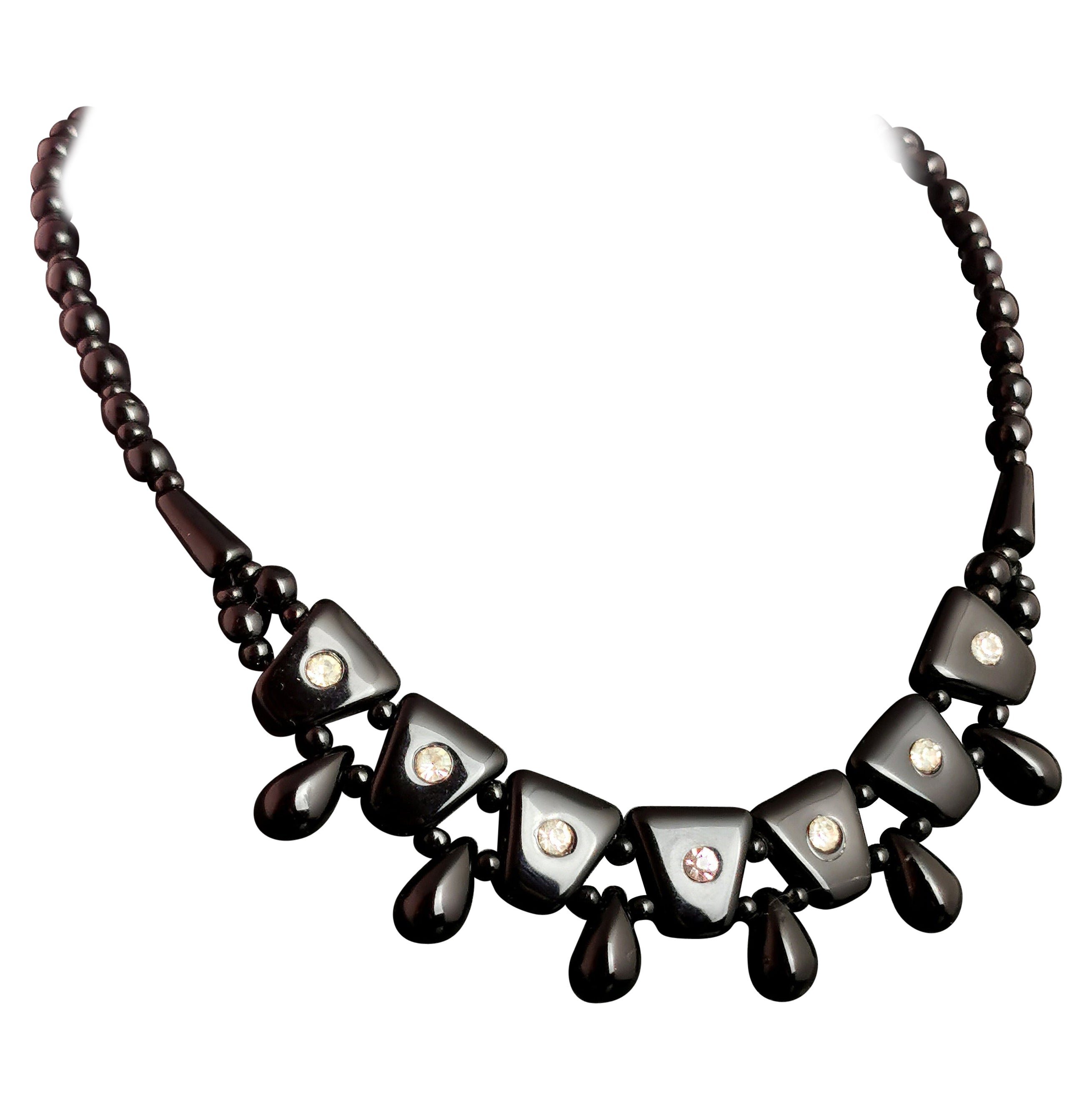 Vintage Art Deco style Festoon necklace, French jet and paste  For Sale