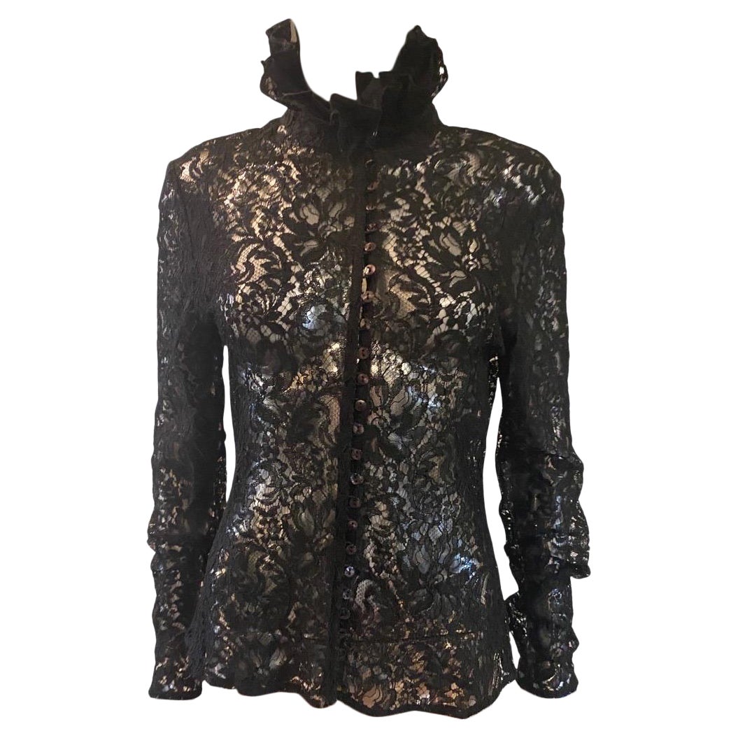 Saks Fifth Avenue Black Lace Blouse, Ruffle Collar & 24 Buttons, Italy Size 6 2