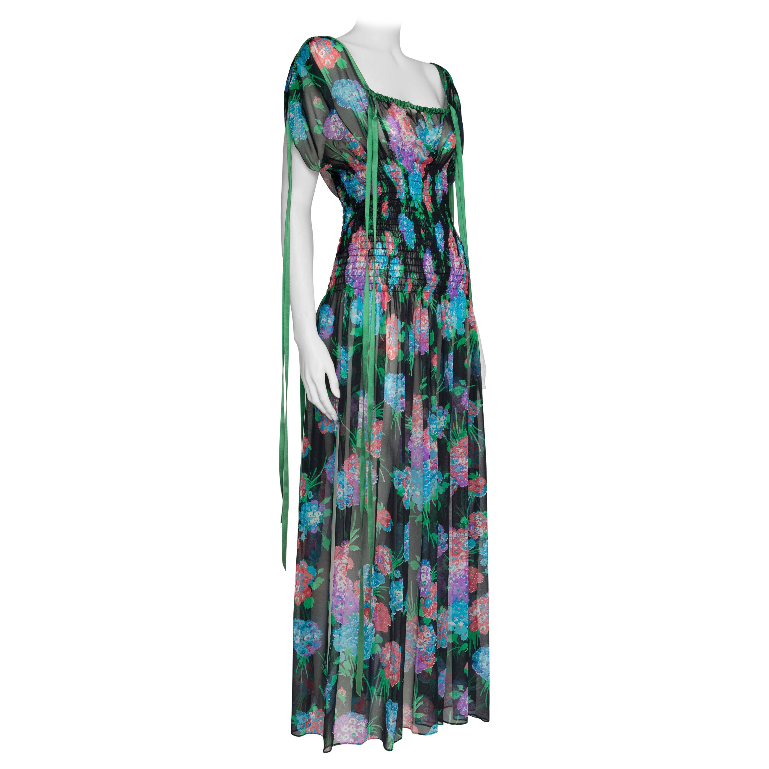 Yves Saint Laurent Smocked Floral-Print Silk-Chiffon Maxi Dress For Sale