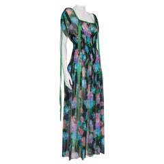 Retro Yves Saint Laurent Smocked Floral-Print Silk-Chiffon Maxi Dress