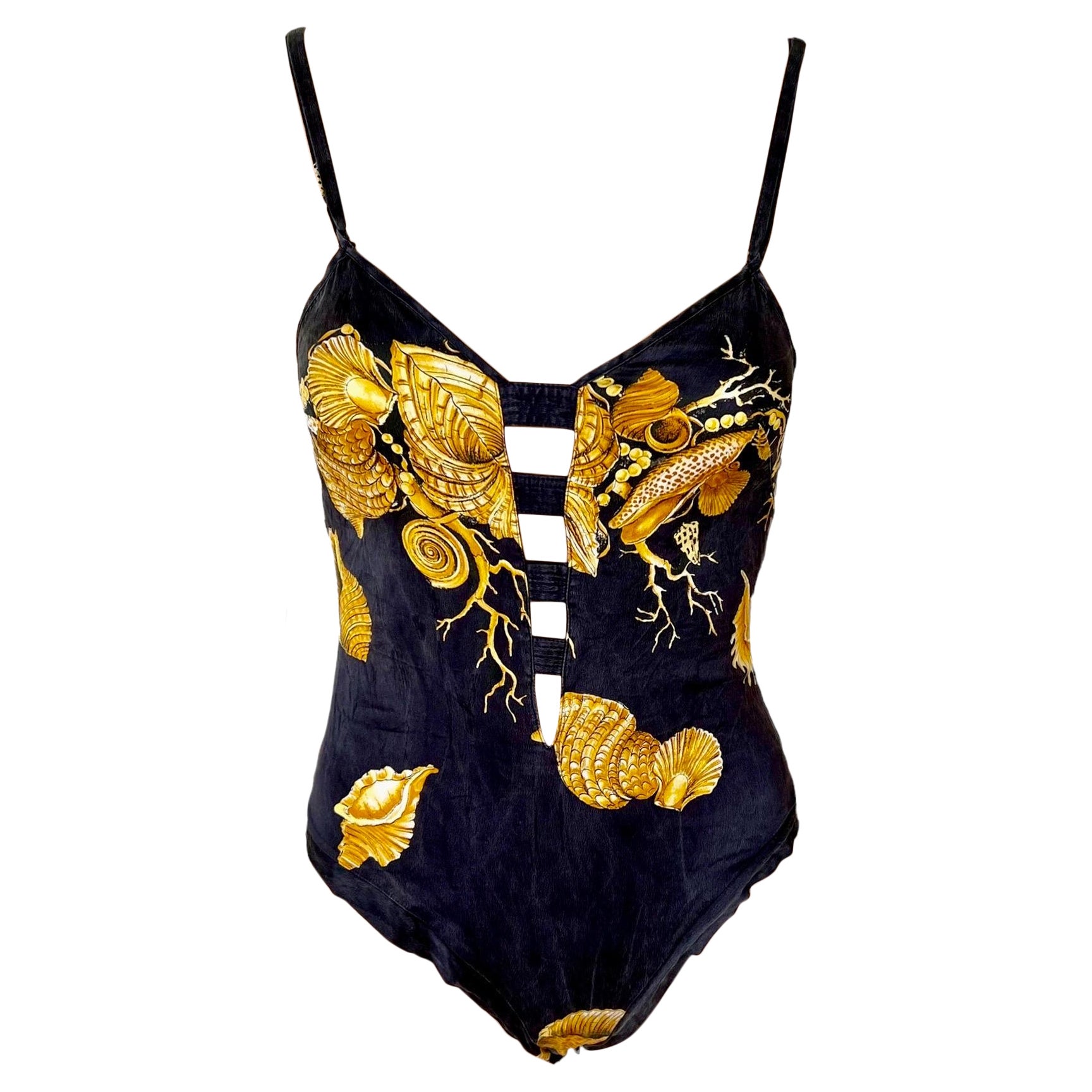 Gianni Versace S/S 1992 Vintage Plunging Baroque Print Sheer Lace Bodysuit Top 