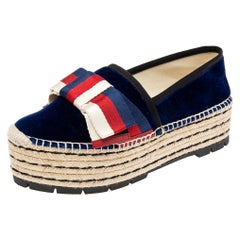 Gucci Navy Blue Velvet and Fabric Bow Platform Espadrilles Size 38.5