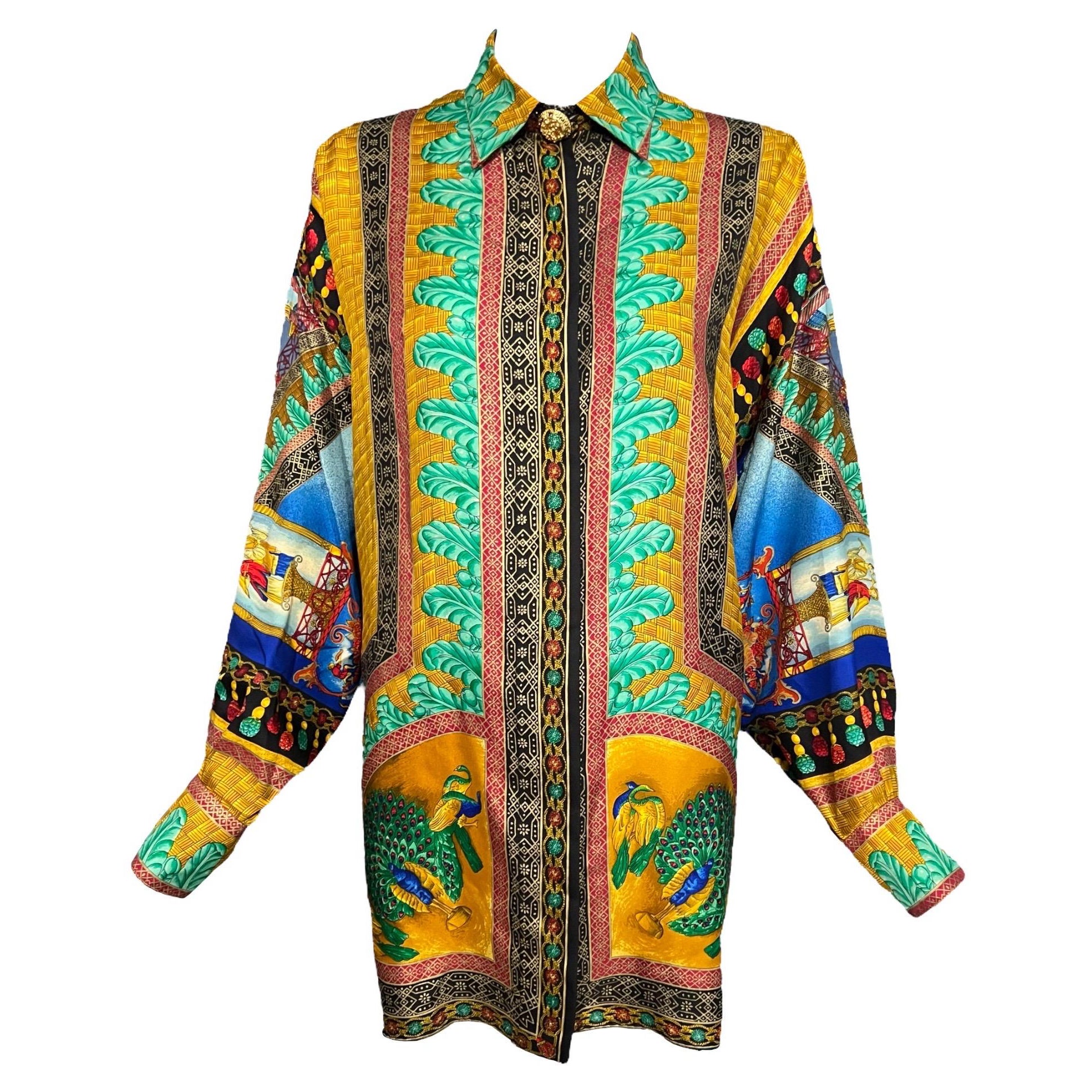 Gianni Versace Couture Marco Polo Peacock Silk Shirt  SS 1992 