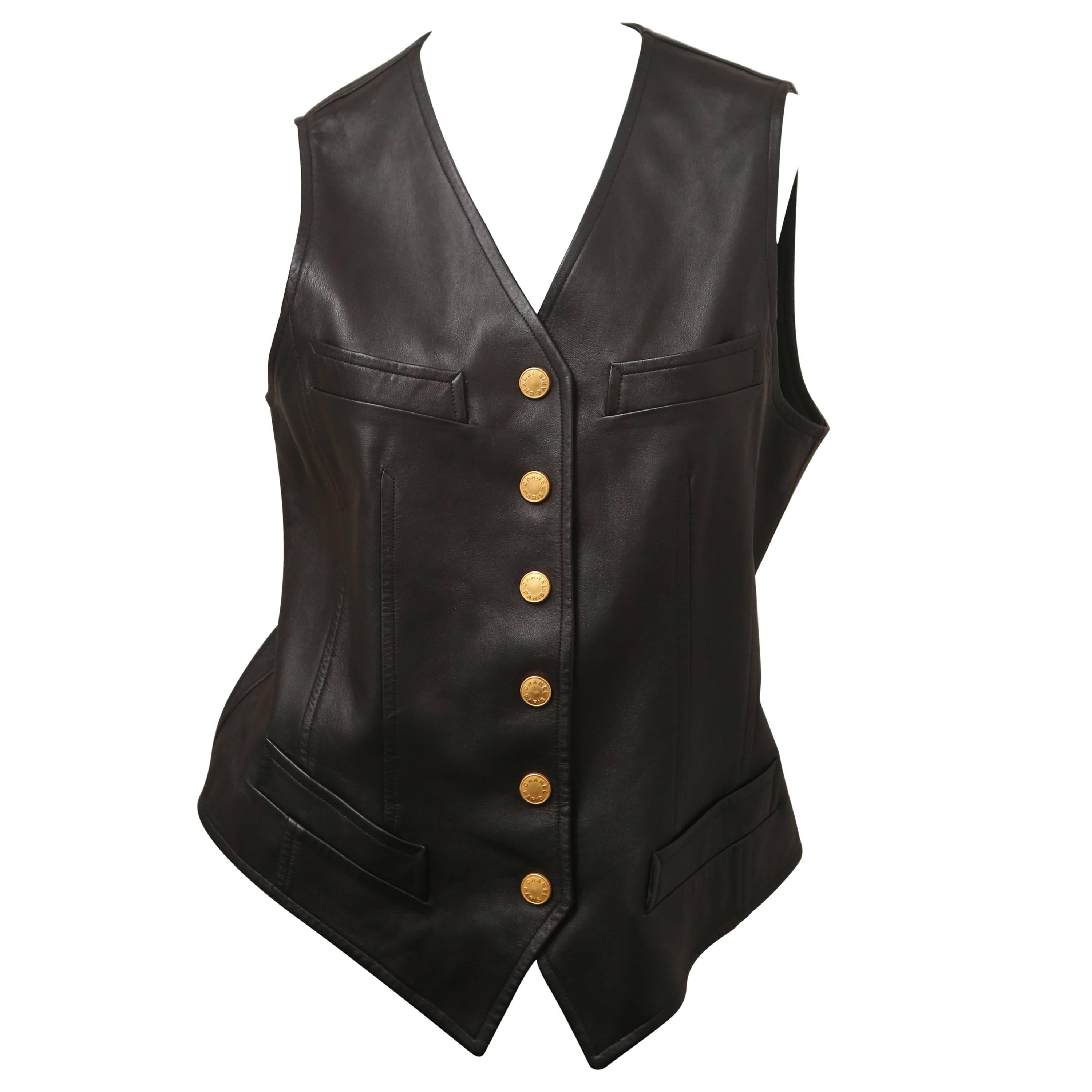 1993 Chanel Sleeveless Leather Vest W/ Gold HW 