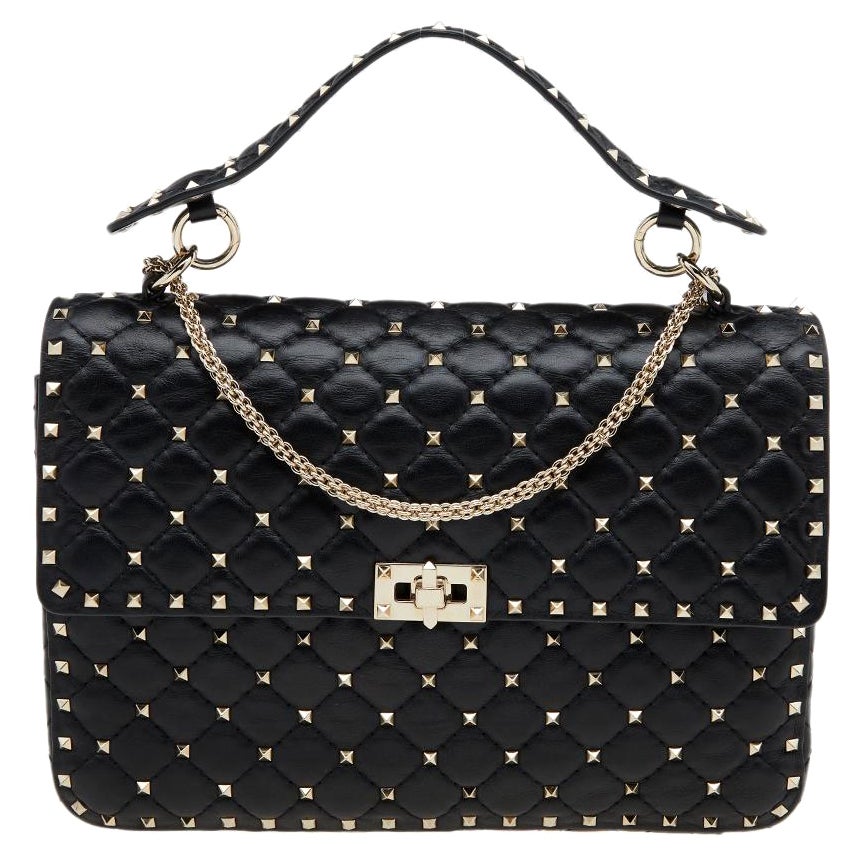 Valentino Black Quilted Leather Large Rockstud Spike Top Handle Bag at ...