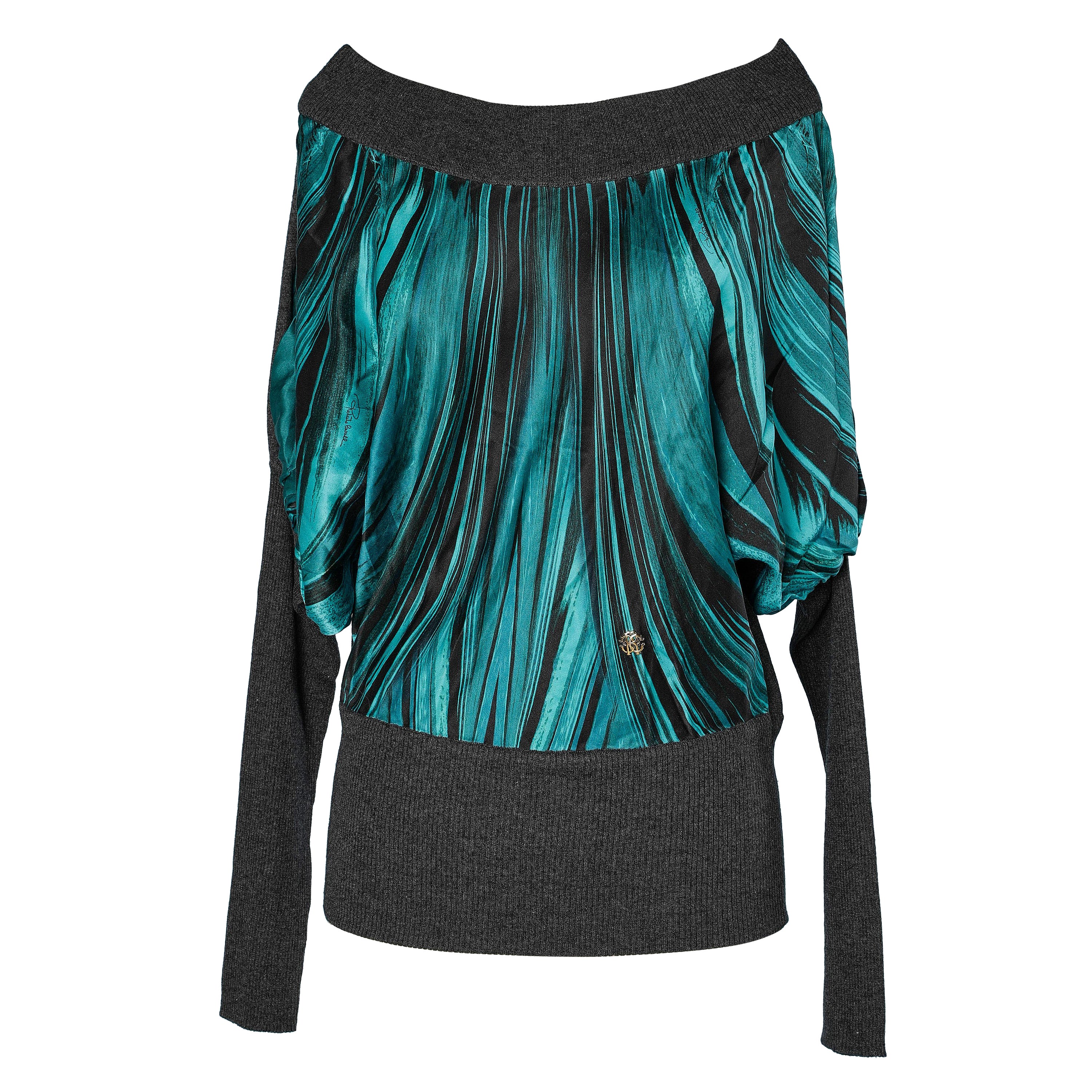Printed silk and grey cashmere top Roberto Cavalli  For Sale