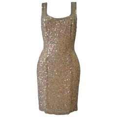 Oleg Cassini Black Tie Beige Sequin Silk Dress