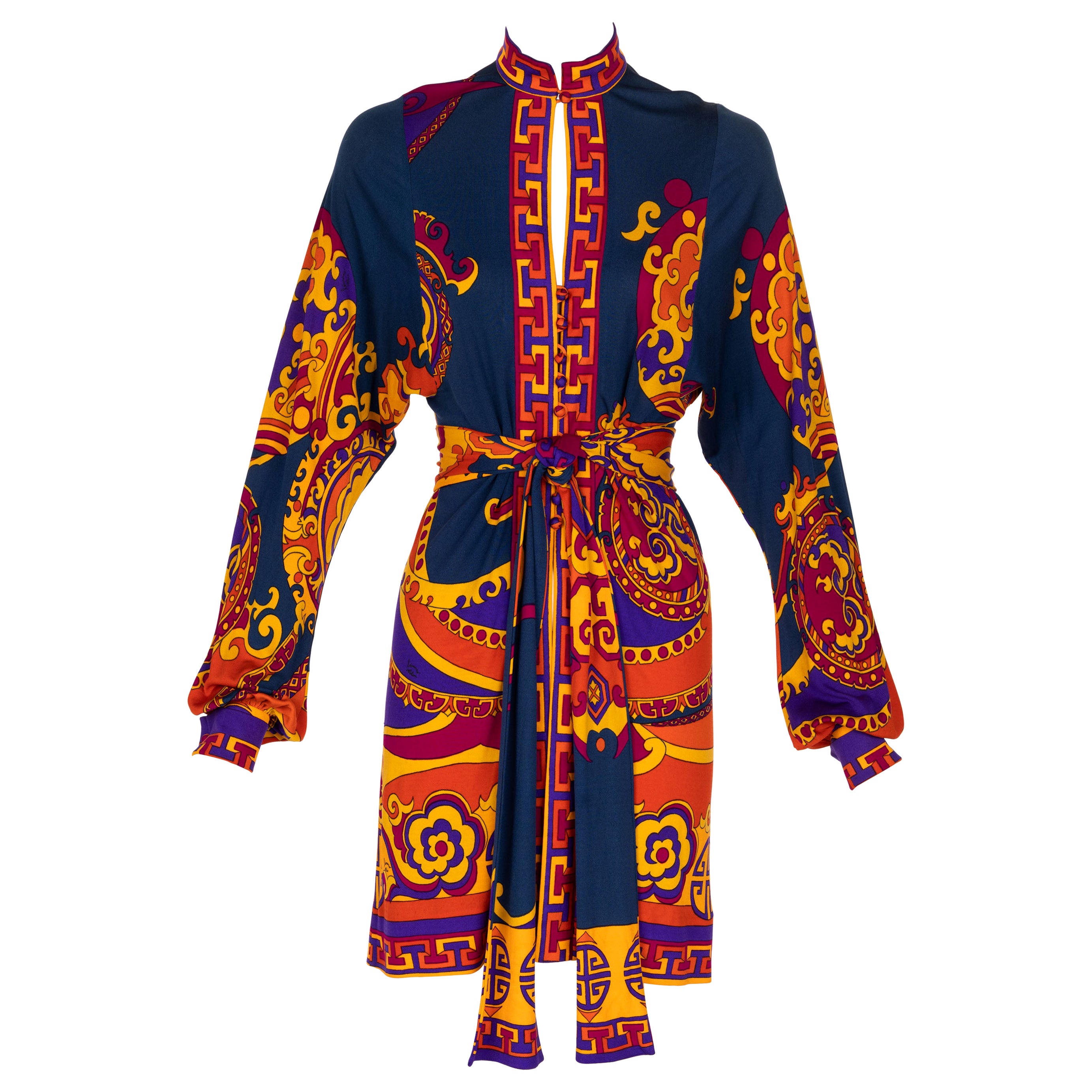 1970s Leonard Paris Silk Jersey Print belted Tunic Mini Dress For Sale