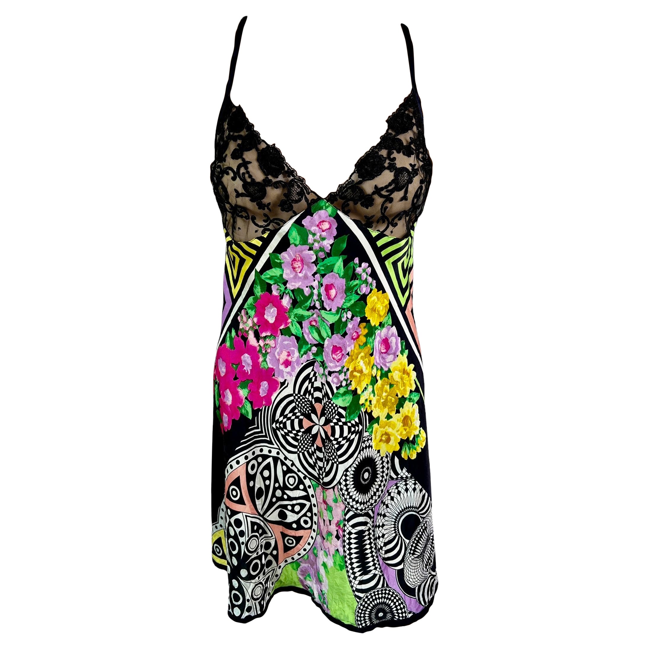 Gianni Versace S/S 1993 Sheer Lace Bra Floral Print Slip Silk Mini Dress For Sale