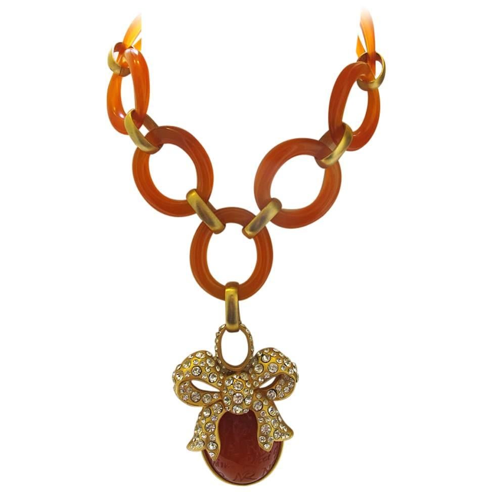 1980's Nina Ricci Amber Hued Lucite Chain-Link Necklace with Jeweled Pendant For Sale