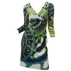 Roberto Cavalli Green Abstract 3/4 Sleeve Dress W/ Pin 1