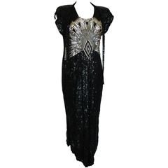 Black Silk with Sequins and Silver Beads Dress with Sash Deco Style Vintage 80s