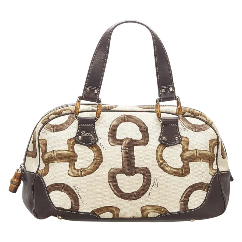 Gucci Bamboo Horsebit Canvas Handbag in Leather Handstrap  For Sale