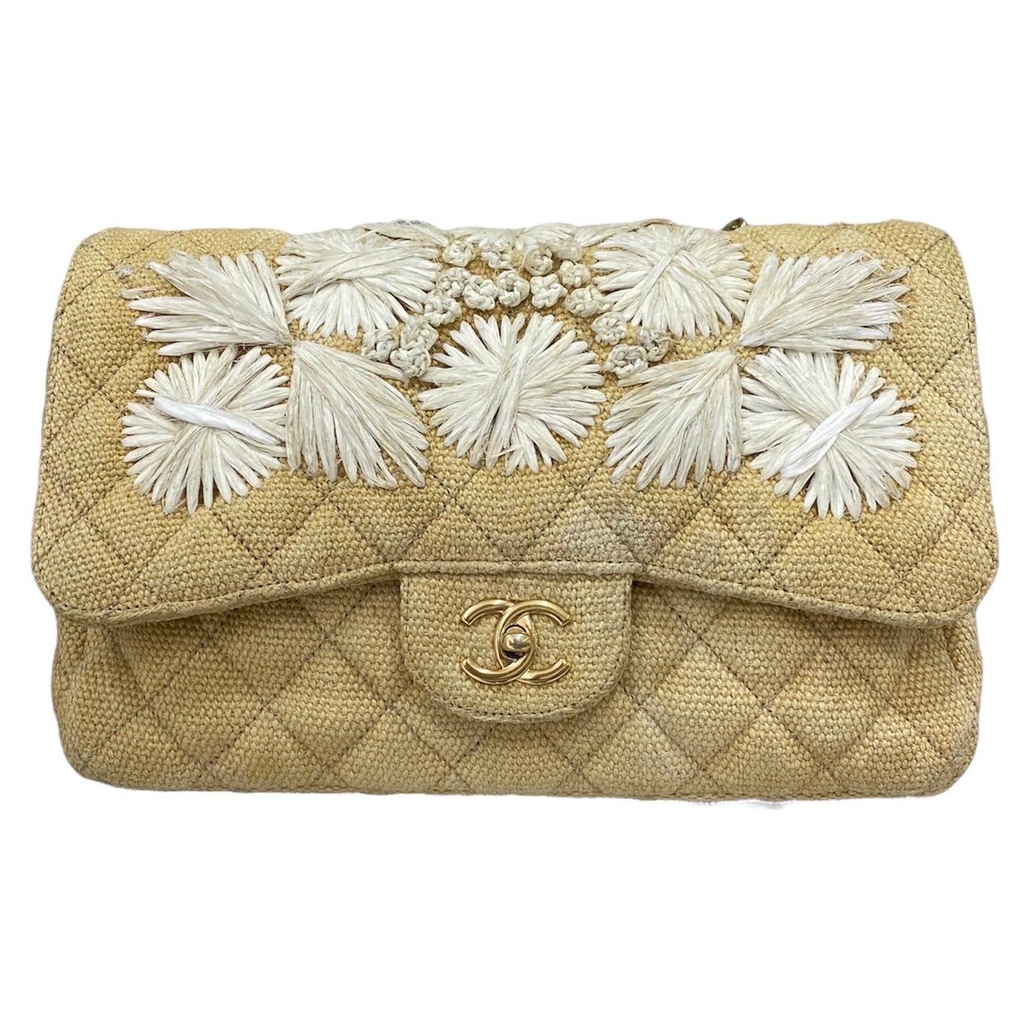 Chanel Flap Beige Canvas Flowers Borsa a Tracolla For Sale