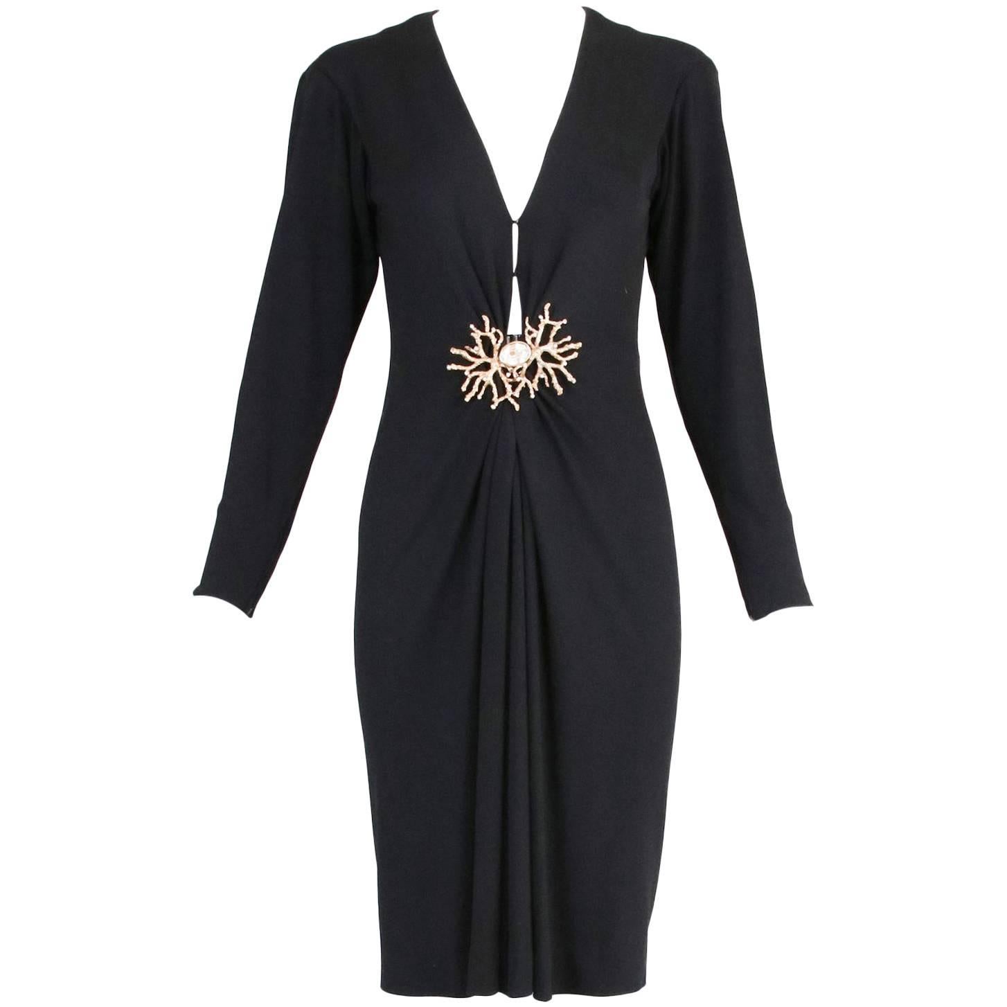 Yves Saint Laurent Black Jersey Deep V-Neck Dress w/Deep V-Neck and ...