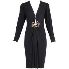 Yves Saint Laurent Black Jersey Deep V-Neck Dress w/Deep V-Neck & Coral Closure