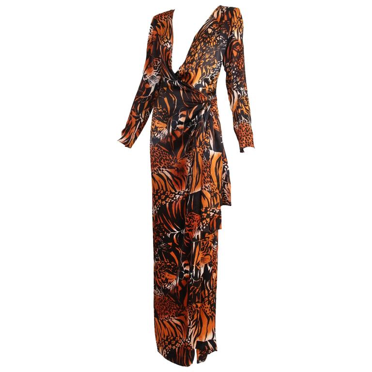 Vintage Yves Saint Laurent Leopard Print Silk Evening Gown w/Deep V
