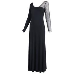 Mollie Parnis Black Silk Jersey Evening Dress Gown w/Beaded Spiderweb Sleeves