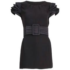 2008 Chanel Black Silk Mini Dress w/Satin Quilted Trim & Oversized Quilted Belt