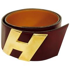 Vintage Hermes Wide Burgundy Box Leather Belt With Gold Tone H Buckle