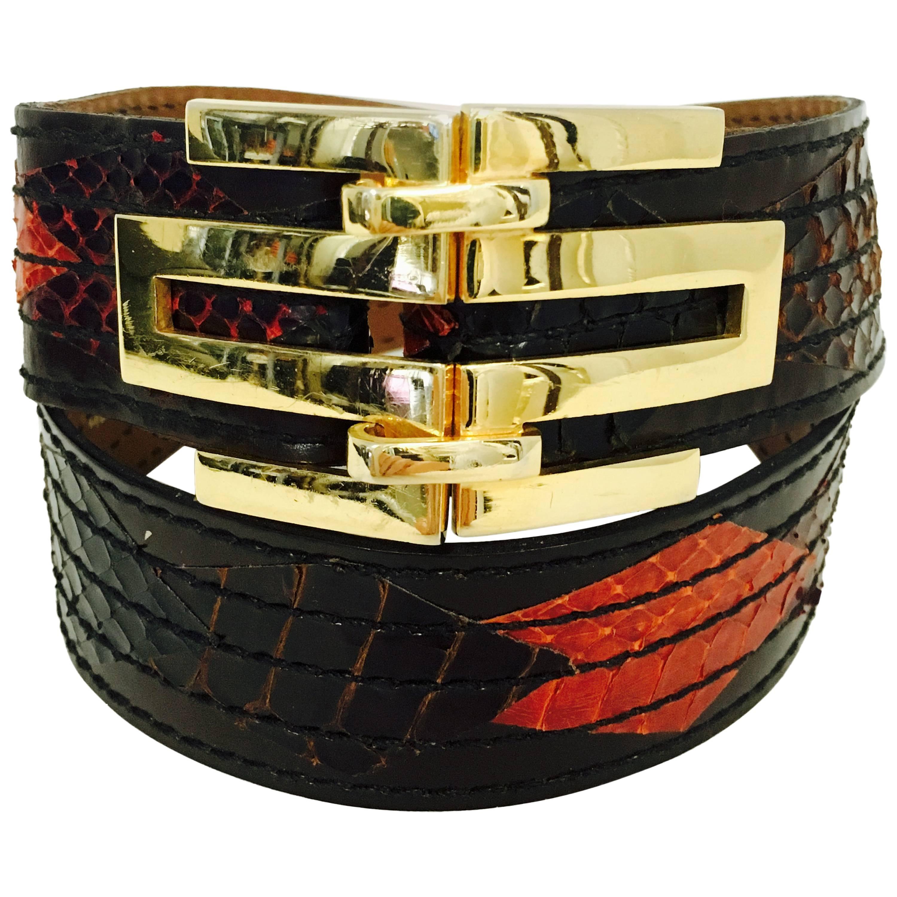 Vintage Gold Tone Christian Dior Leather Belt With Multi Color Python