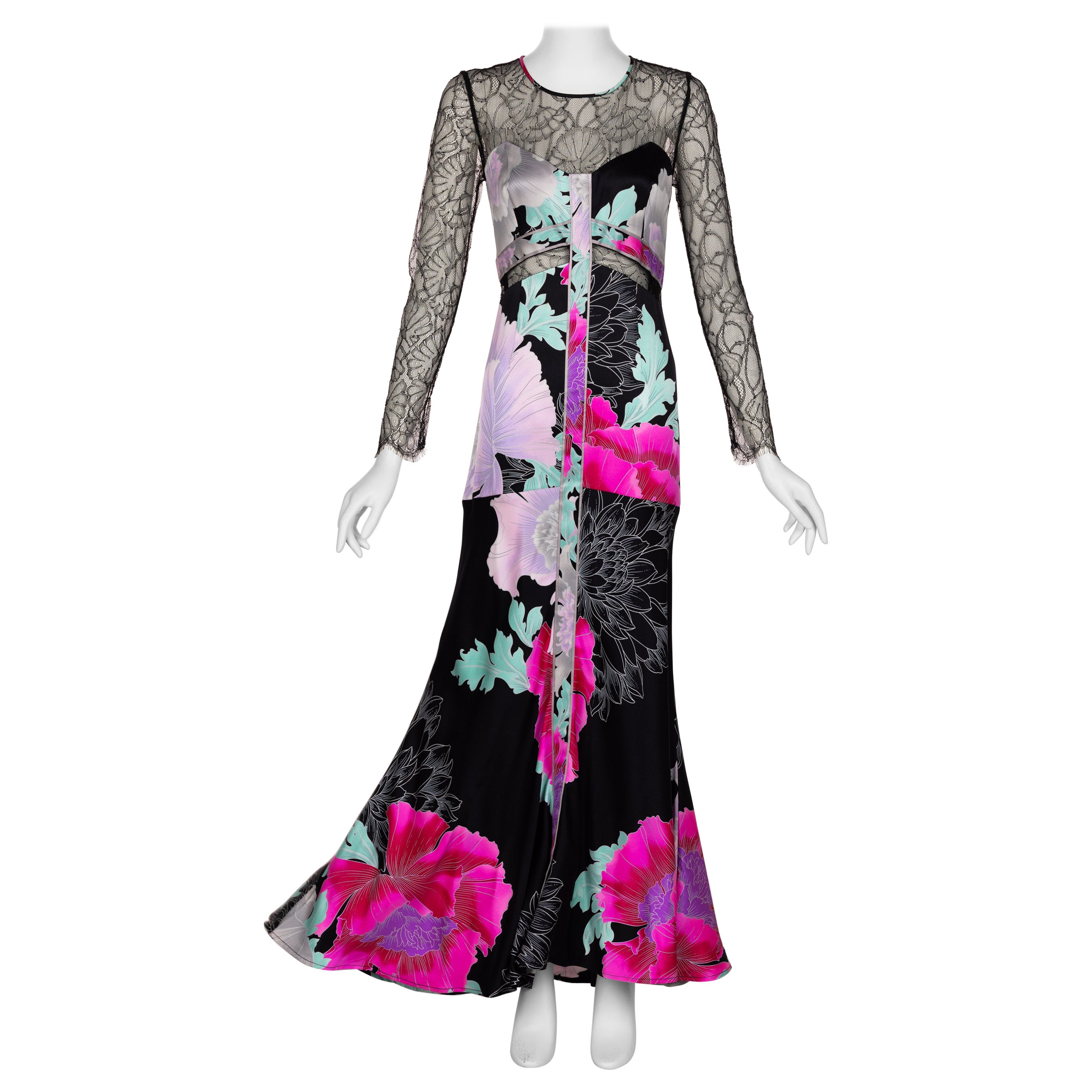  Leonard Paris Floral Silk Lace Inset Maxi Dress, 1990s