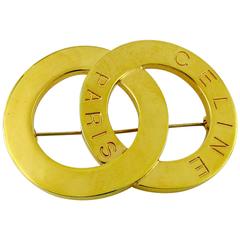 Celine Paris Vintage Gold Toned Double Ring Brooch 2