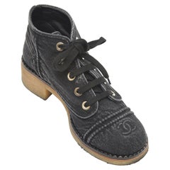 CHANEL Denim Ankle Boot Black Lace Up Short Booties Shoes Rubber Heels Sz 38 20P