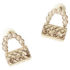 Chanel Classic Flap Bag Earrings Champagne Metal and Glass Pearls