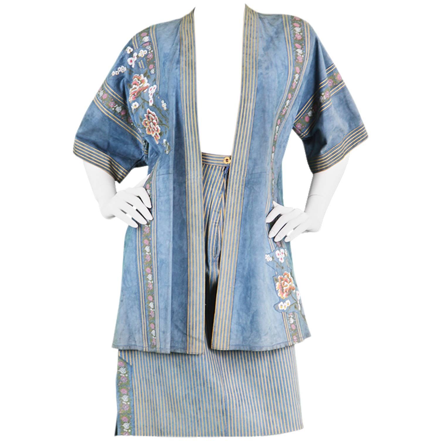 Roberto Cavalli 1970s Printed Blue Suede Oriental Jacket & Skirt Suit For Sale