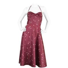 Biba 1970s Vintage Novelty Bird Print Flared Halter Neck Dress