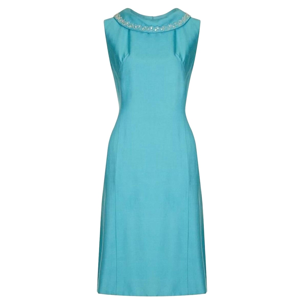 1960s Turquoise Linen Mod Dress With Beaded Collar