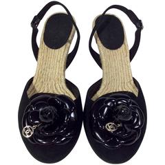 Chanel Black Patent Cameilla Flower and Suede Espadrille Wedge