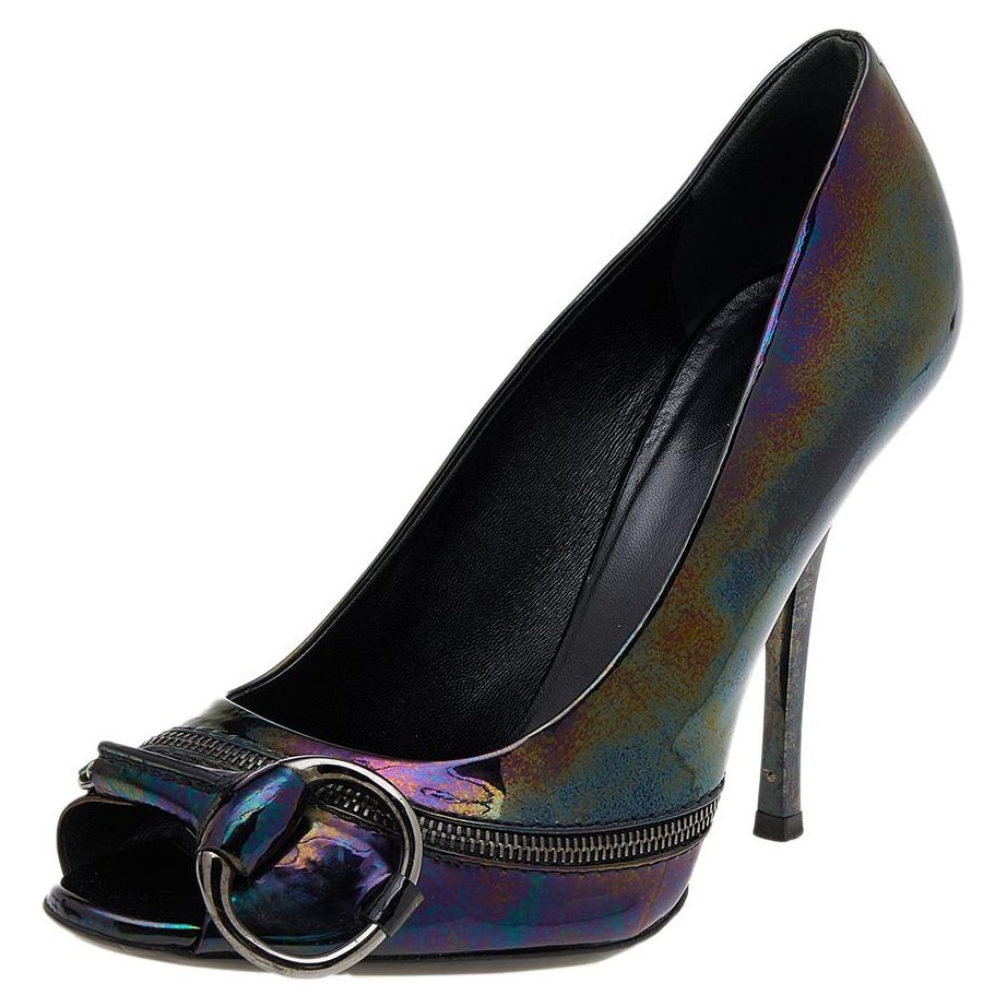 Gucci Multicolor Iridescent Patent Leather Horsebit Peep Toe Pumps Size 37.5 For Sale
