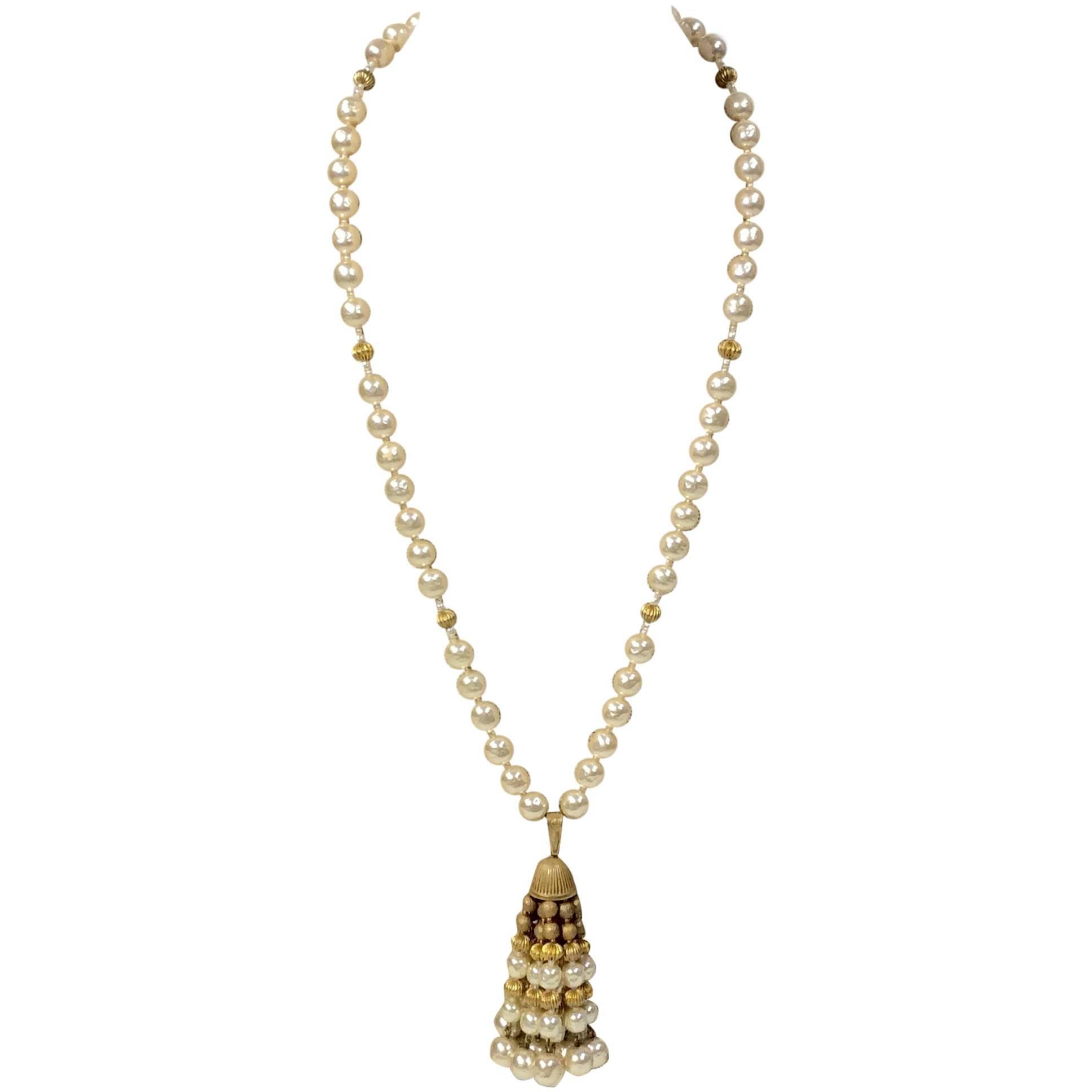 Miriam Haskell Brass and Pearl Tassle Necklace For Sale