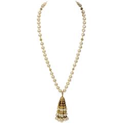 Miriam Haskell Brass and Pearl Tassle Necklace