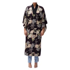 1930S Eggplant Purple Hand Printed Silk Floral Kimono Lined In Cotton