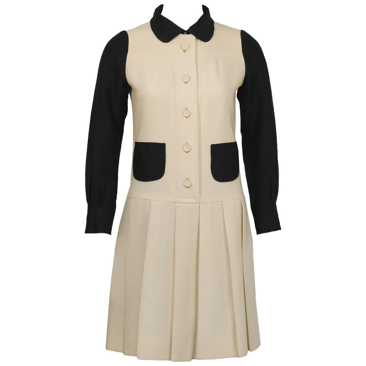 1960's Ungaro Parallele-Paris Black and Cream Drop-Waist Dress