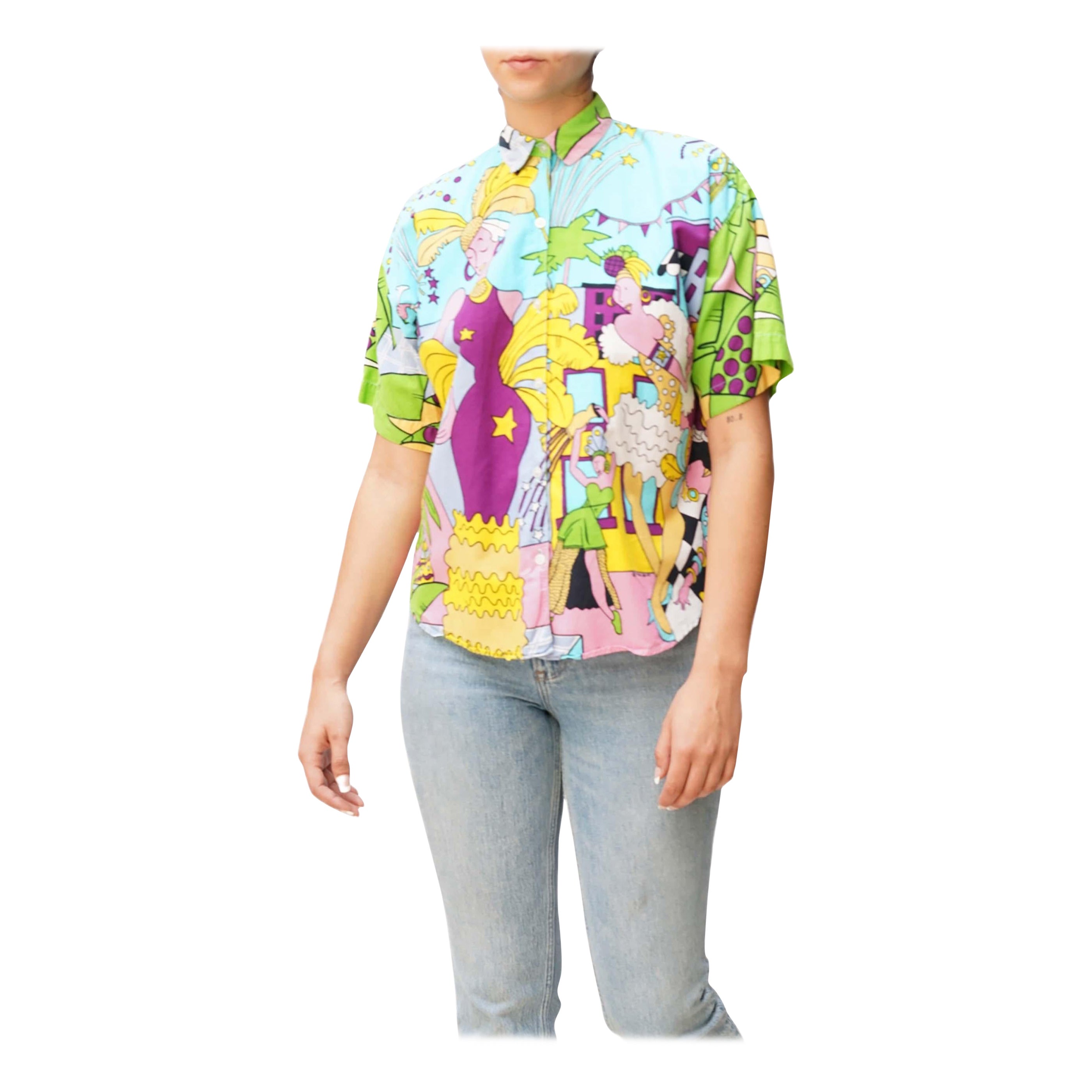 1980S Trendi Printed Cotton Pop Art Cartoon "Celebration" Short Sleeve Shirt For Sale