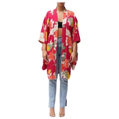 1940S Silk Fuchsia Ground And Floral Pattern Kimono