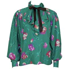 1980's Emanuel Ungaro Green Floral Shirt with Necktie