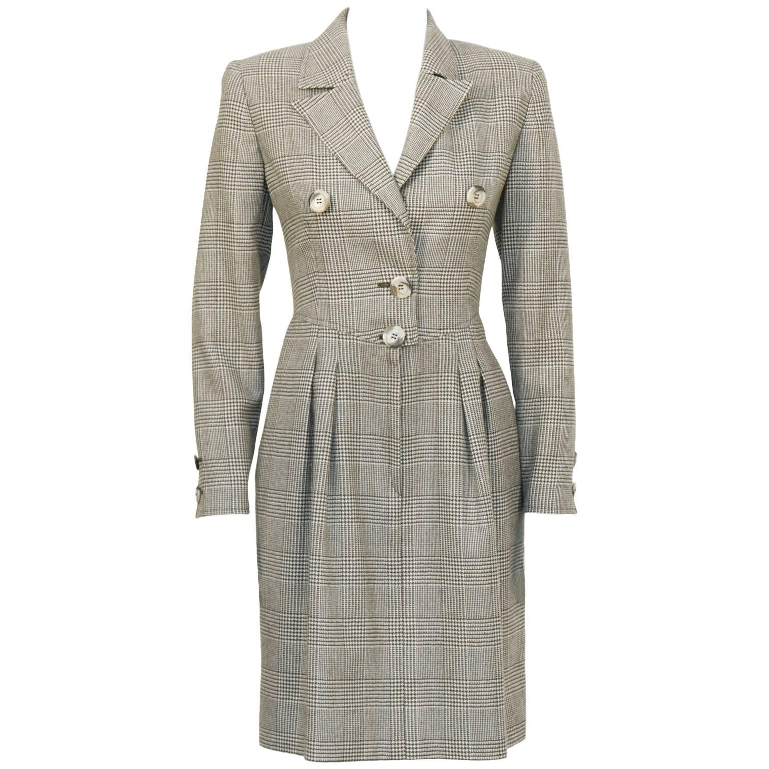 1980's Valentino Brown Glen Check Wool Dress